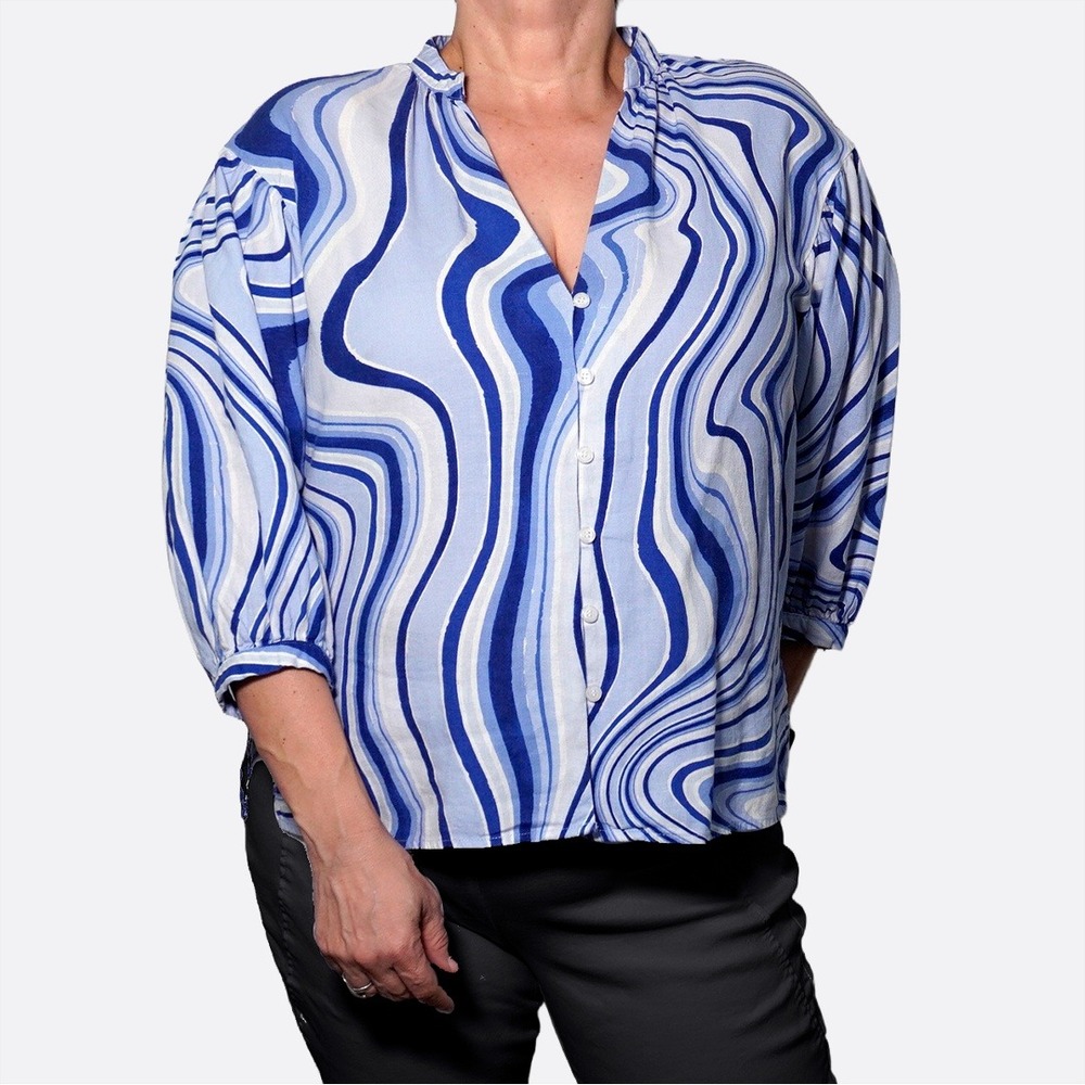 Zara Coastal Blue Abstract Swirl Linen Blend Blouse Plus Size 1X XL‎ Old Money